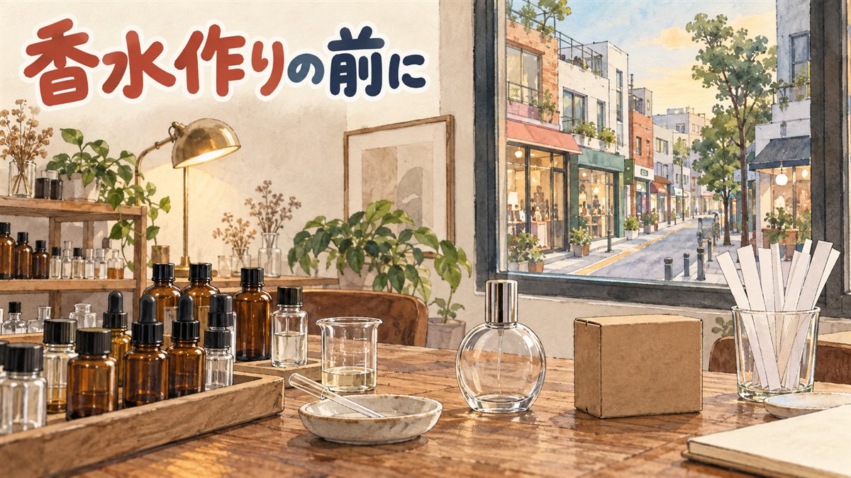 ソウルの小さな香水工房を描いた水彩イラスト。木の作業台に並ぶ琥珀色と透明の小瓶、スポイト、ビーカー、試香紙の入ったコップ、銀のキャップの丸い香水瓶とクラフトの箱。窓の外は小さな店が並ぶ弘大の通り。左上に「香水作りの前に」の手書き文字