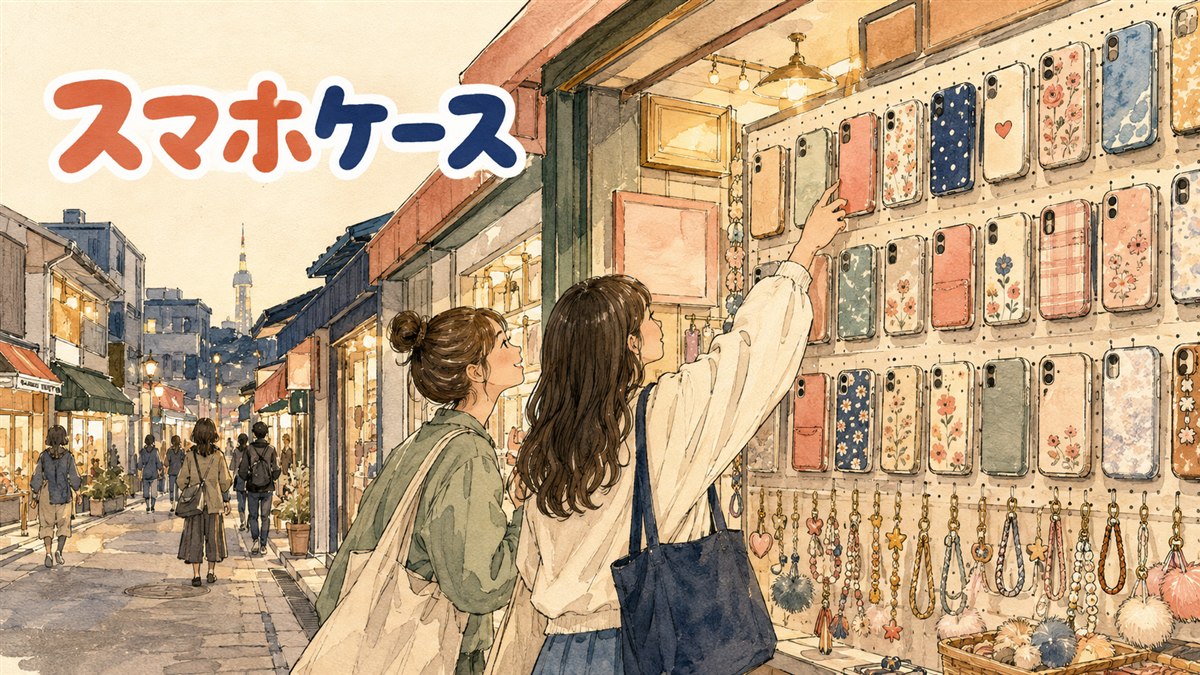 ソウルの雑貨店の店先に並ぶ色とりどりのスマートフォンケースの陳列棚