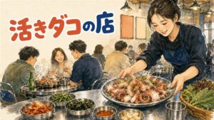 ソウルの食堂で提供される活きダコ(サンナクチ)の一皿