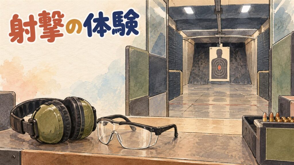 ソウルの屋内実弾射撃場で、防音・防弾仕様のレーンに向かって拳銃を構える体験の様子