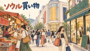 ソウルの繁華街で紙袋を提げた旅行者が通りを見渡す後ろ姿