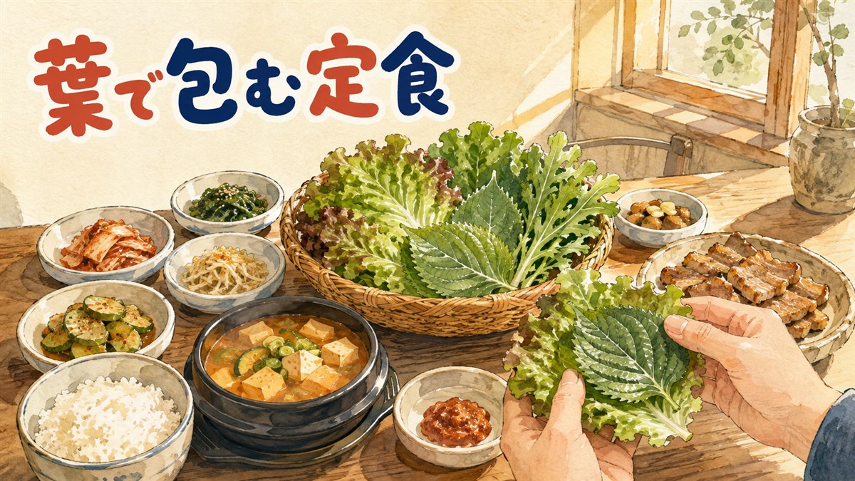 ソウルの食堂で葉野菜と副菜が並ぶサムパプ定食のイメージ