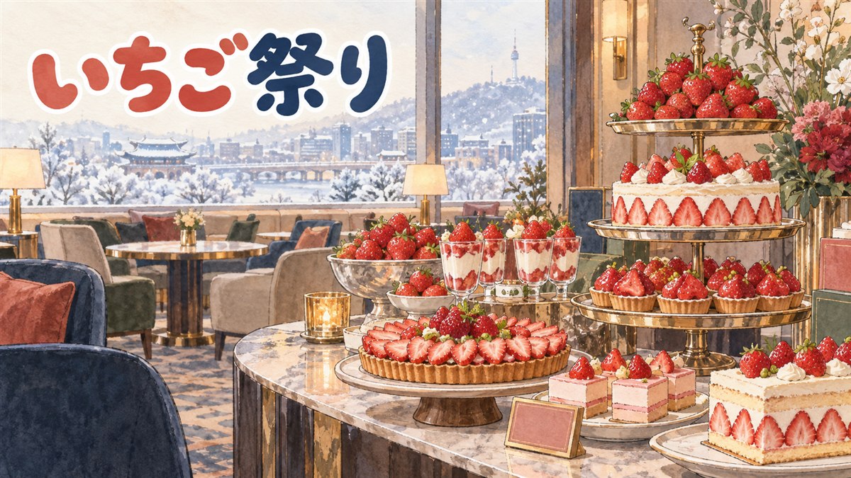 ソウルのホテルラウンジでいちごのデザートが並ぶアフタヌーンティーの情景
