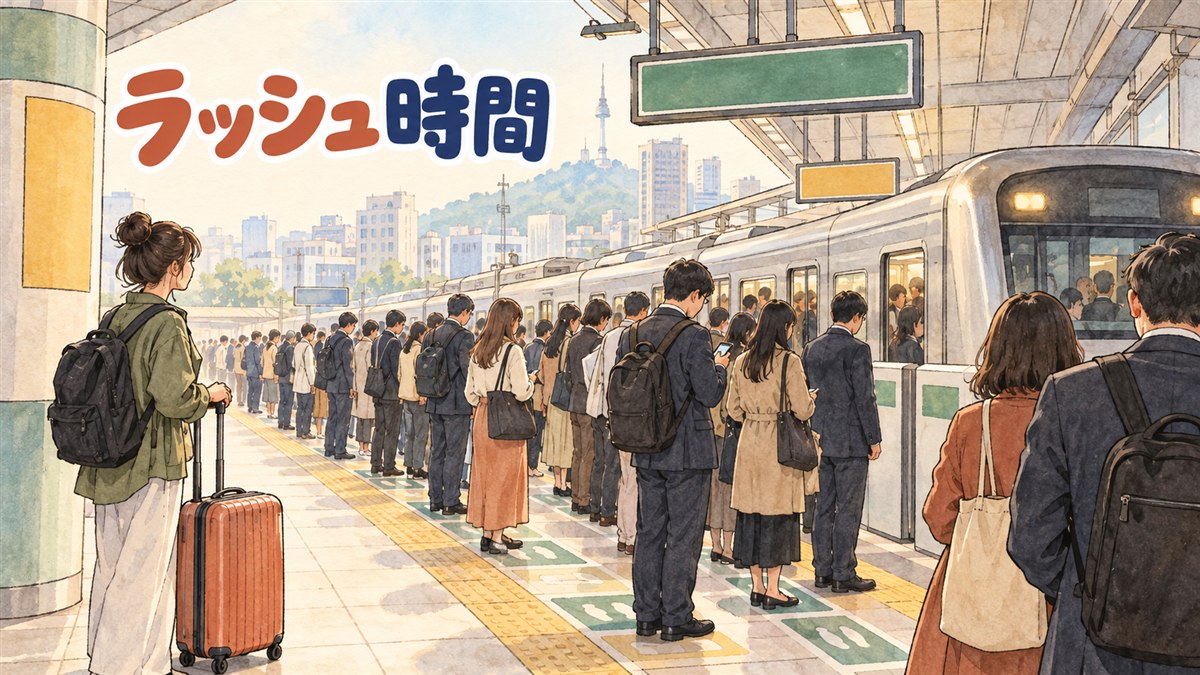 朝の通勤ラッシュ時間帯にホームで電車を待つ人々の様子を描いたソウル地下鉄のイメージイラスト