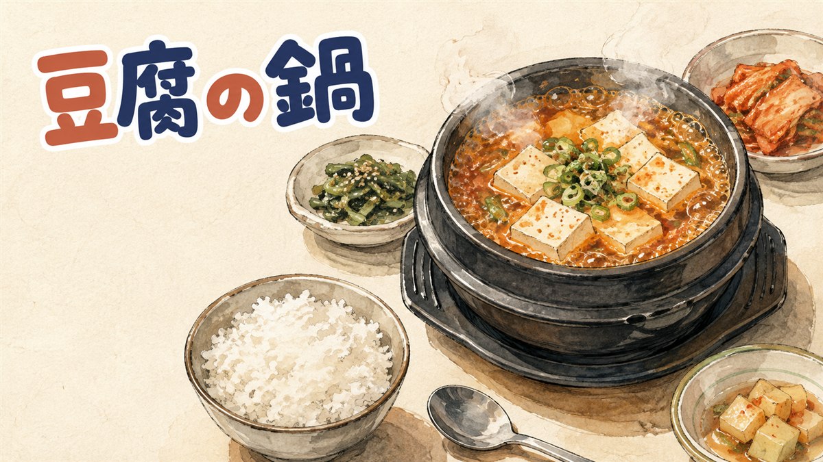 湯気の上がる石鍋のスンドゥブチゲとご飯のセット