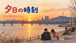 ソウルの街に夕日が沈んでいく風景
