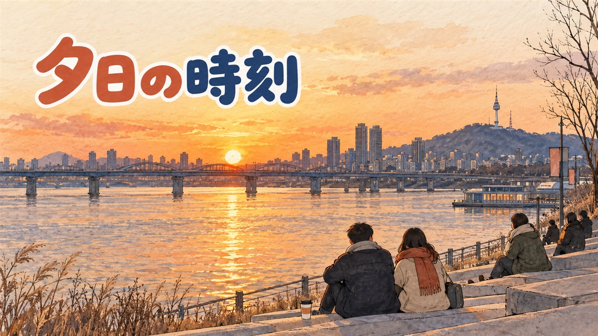 ソウルの街に夕日が沈んでいく風景