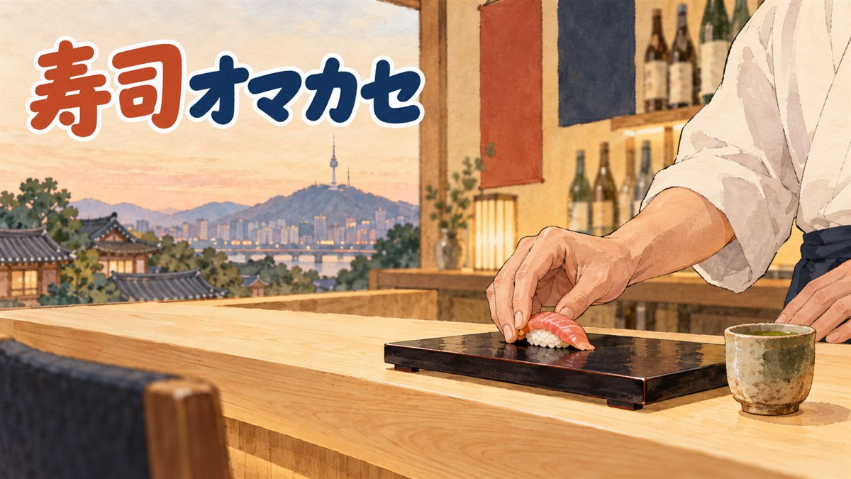 清潭洞の落ち着いた雰囲気の寿司オマカセ店で、カウンター越しに職人が寿司を握っている情景