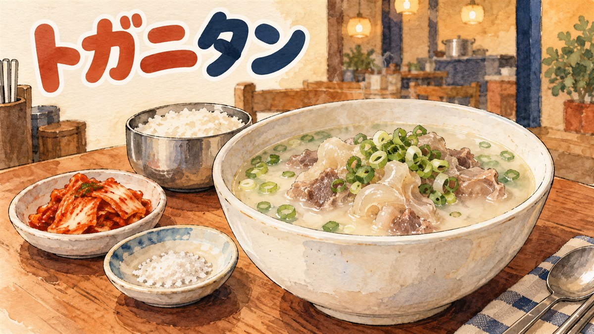 ソウルの食堂で提供される도가니탕(トガニタン)の器と付け合わせ
