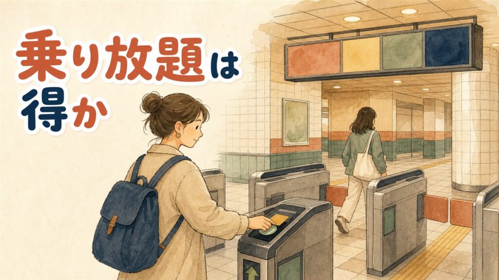 ソウルの地下鉄改札前でICカードと乗り放題パスを見比べる女性