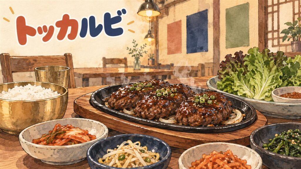炭火の焼き網でこんがり焼かれた四角いトッカルビの断面と食堂の情景