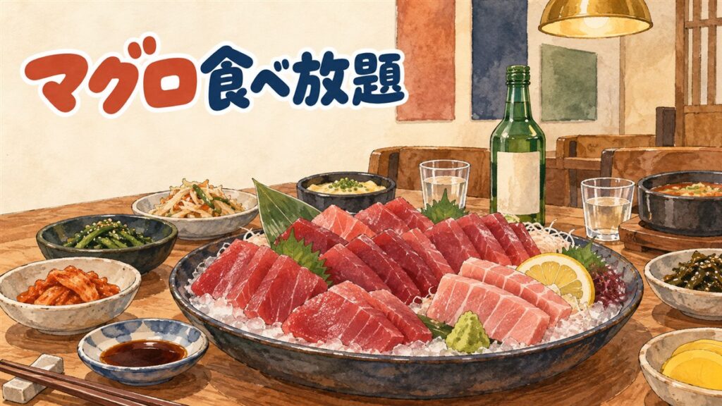 ソウルのマグロ食べ放題店で大皿に並んだ刺身の盛り合わせ