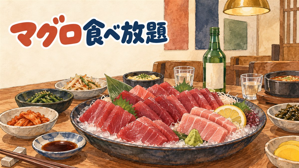 ソウルのマグロ食べ放題店で大皿に並んだ刺身の盛り合わせ