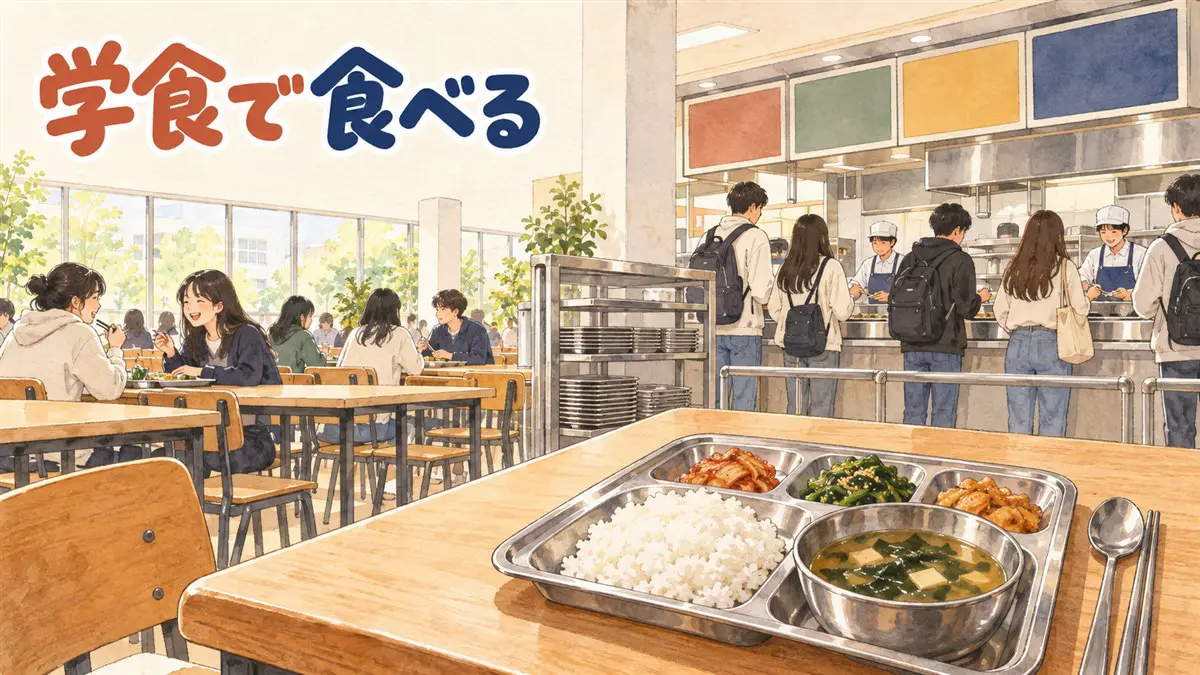 ソウルの大学キャンパスの学生食堂で、トレーを持った学生たちが列に並んでいる様子