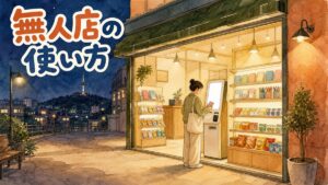 韓国の無人カフェの店内でキオスク画面を操作している旅行者の後ろ姿