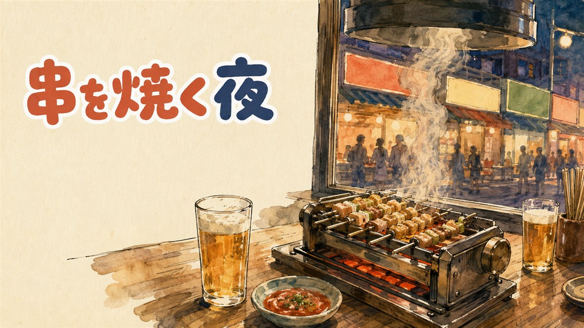 ソウルの羊肉串店で自動回転の焼き台に串を並べる情景
