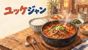 ソウルの食堂で並んだユッケジャンとカルビタンの器