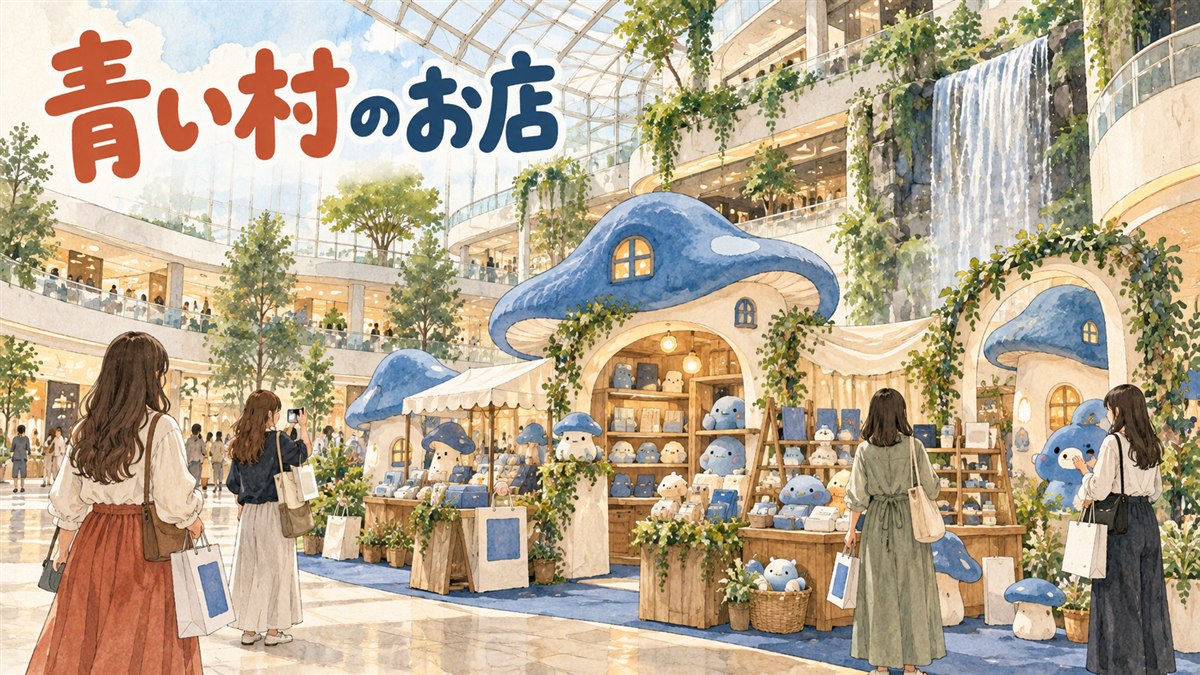 SEVENTEENとスマーフのコラボキーリンググッズが韓国のトースト店の店先に並んでいるイメージ