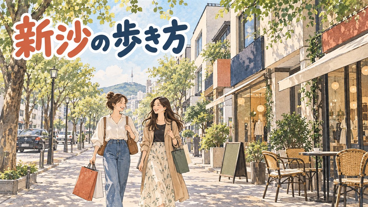 新沙駅からカロスキルの銀杏並木を歩く旅行者の様子