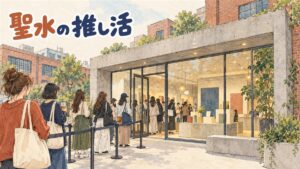 聖水のビル地下にあるK-POP公式ショップの入り口で買い物客が品物を選んでいる様子