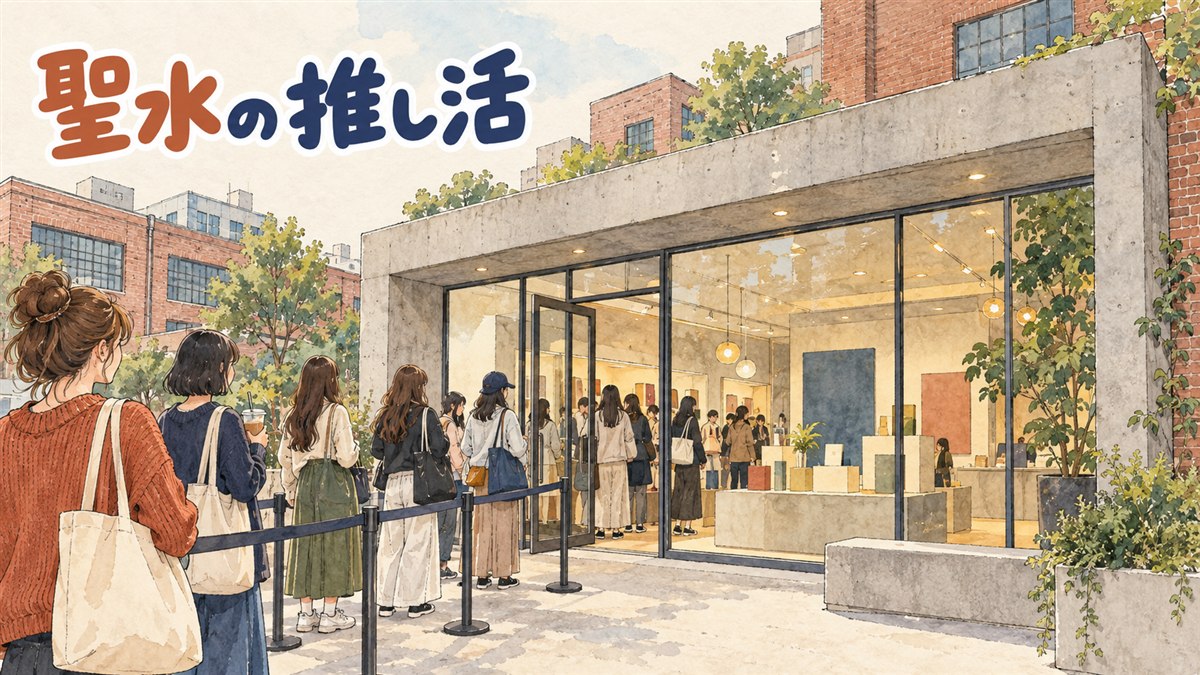 聖水のビル地下にあるK-POP公式ショップの入り口で買い物客が品物を選んでいる様子