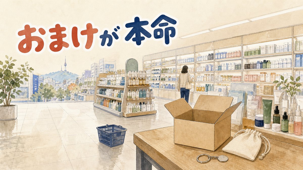 ソウルのドラッグストアのスキンケア売り場を引きで見た水彩の情景。手前の低い台に開けた無地の段ボール箱が置かれ、その脇にキーリングと巾着ポーチが並んでいる。奥では後ろ姿の人物が棚を見ている