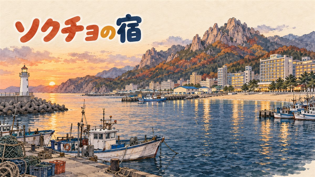 束草の海沿いの町並みと、その向こうに見える雪岳山の山並み
