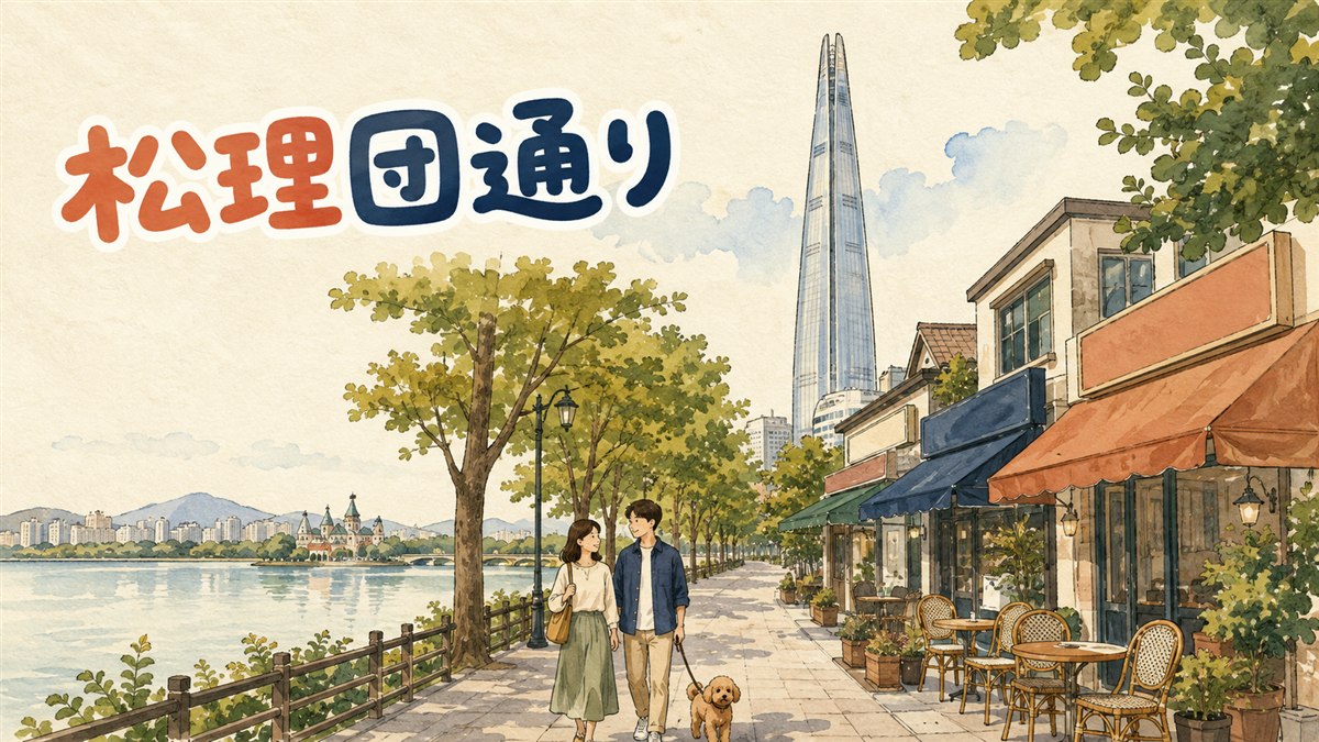 石村湖畔から松理団通りの入り口とロッテワールドタワーを望む夕方の街並み