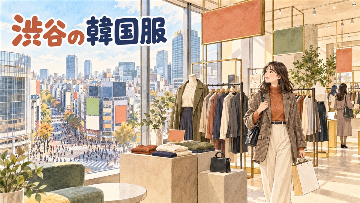 渋谷スクランブルスクエアの店内でブルーを基調にした韓国ファッションブランドの秋冬新作コーナーを眺める買い物客のイメージ