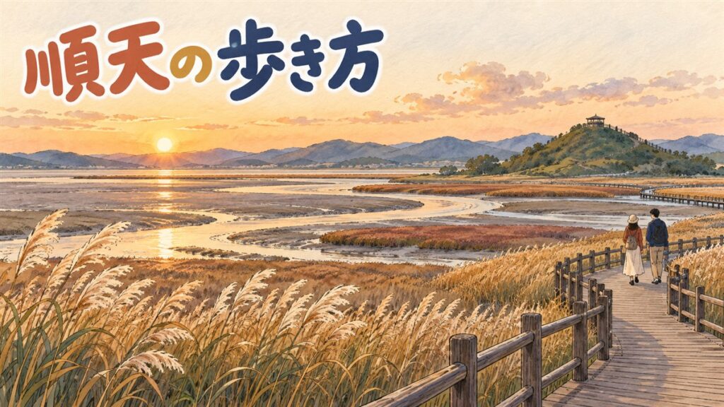 順天湾の湿地とアシ原を背景に、旅行者が展望デッキから景色を眺めている様子のイラスト
