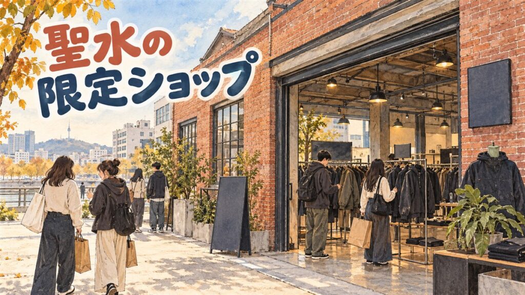 聖水のSuperdry×パク・ジフンポップアップ会場をイメージしたイラスト