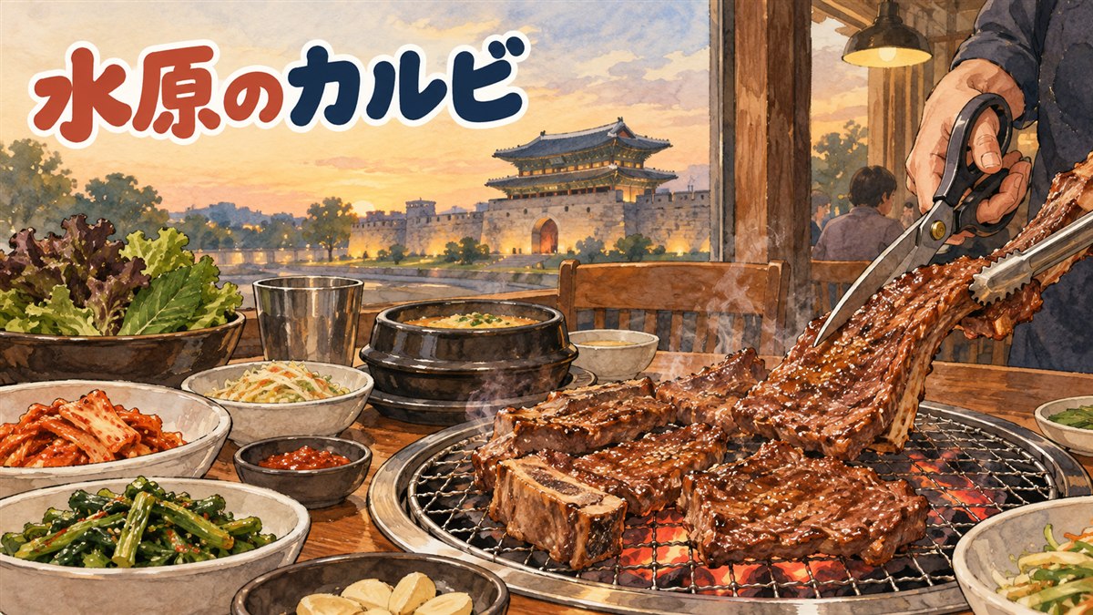 水原の焼肉店で炭火の上に大きな王カルビが並んで焼かれている写真