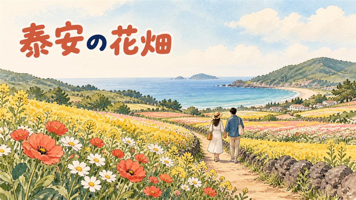 泰安の花畑と夕暮れの海岸を背景に旅行者が歩いている情景
