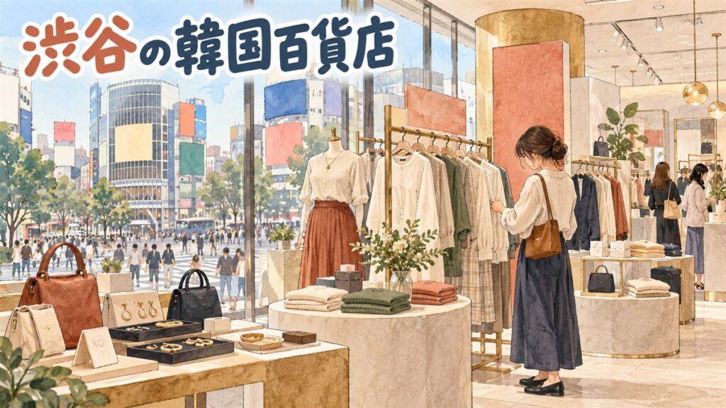 渋谷PARCOの建物外観と、韓国ブランドの洋服が並ぶ明るい店内