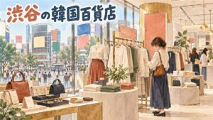 渋谷PARCOの建物外観と、韓国ブランドの洋服が並ぶ明るい店内