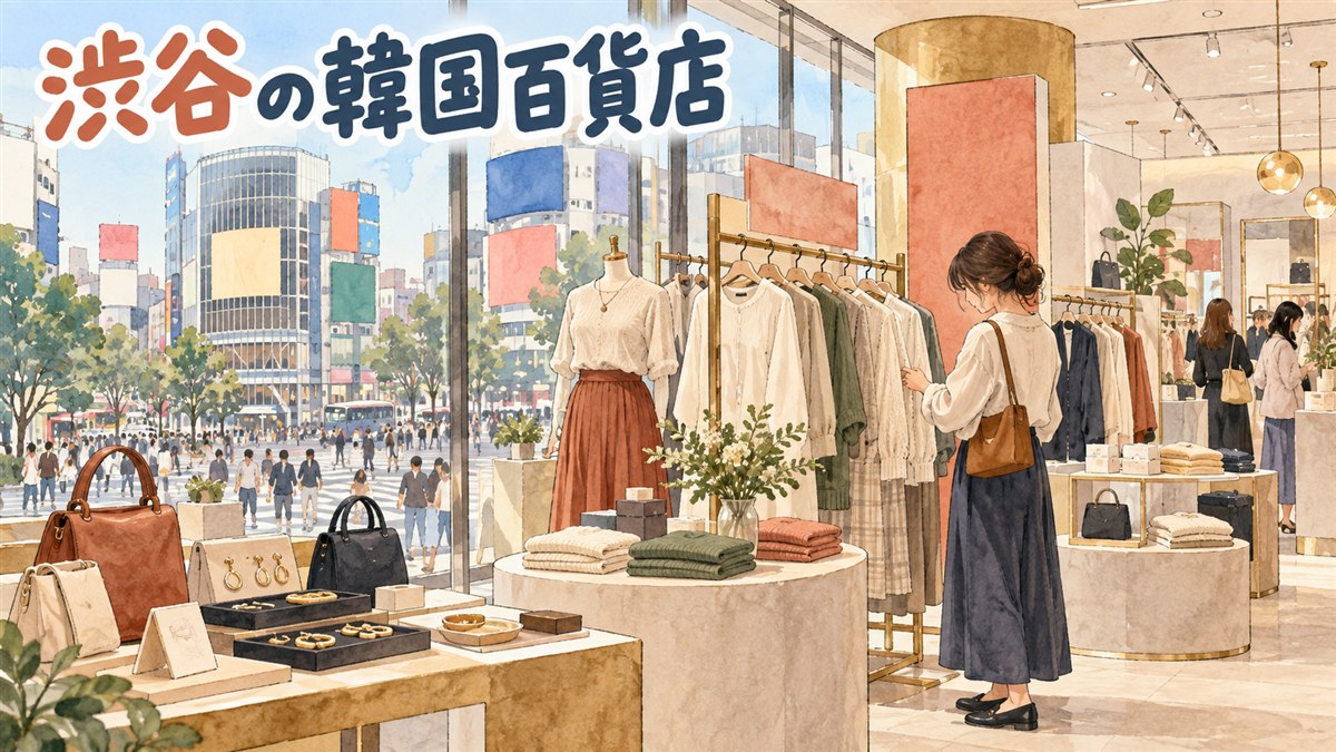 渋谷PARCOの建物外観と、韓国ブランドの洋服が並ぶ明るい店内