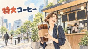 東京五反田のTHE LITERコーヒー店の外観と大きな1Lコーヒーカップ