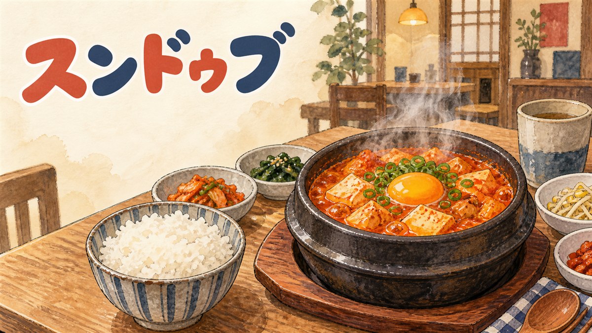 東京純豆腐のスンドゥブチゲが入った土鍋と、辛さを調整する唐辛子粉の小皿が並ぶテーブルの写真