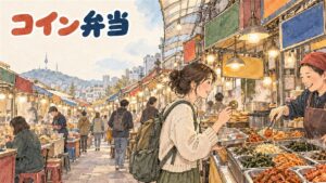 通仁市場の弁当カフェで、空の弁当箱とヨプチョン(엽전)コインを手に惣菜を選ぶ女性客の様子