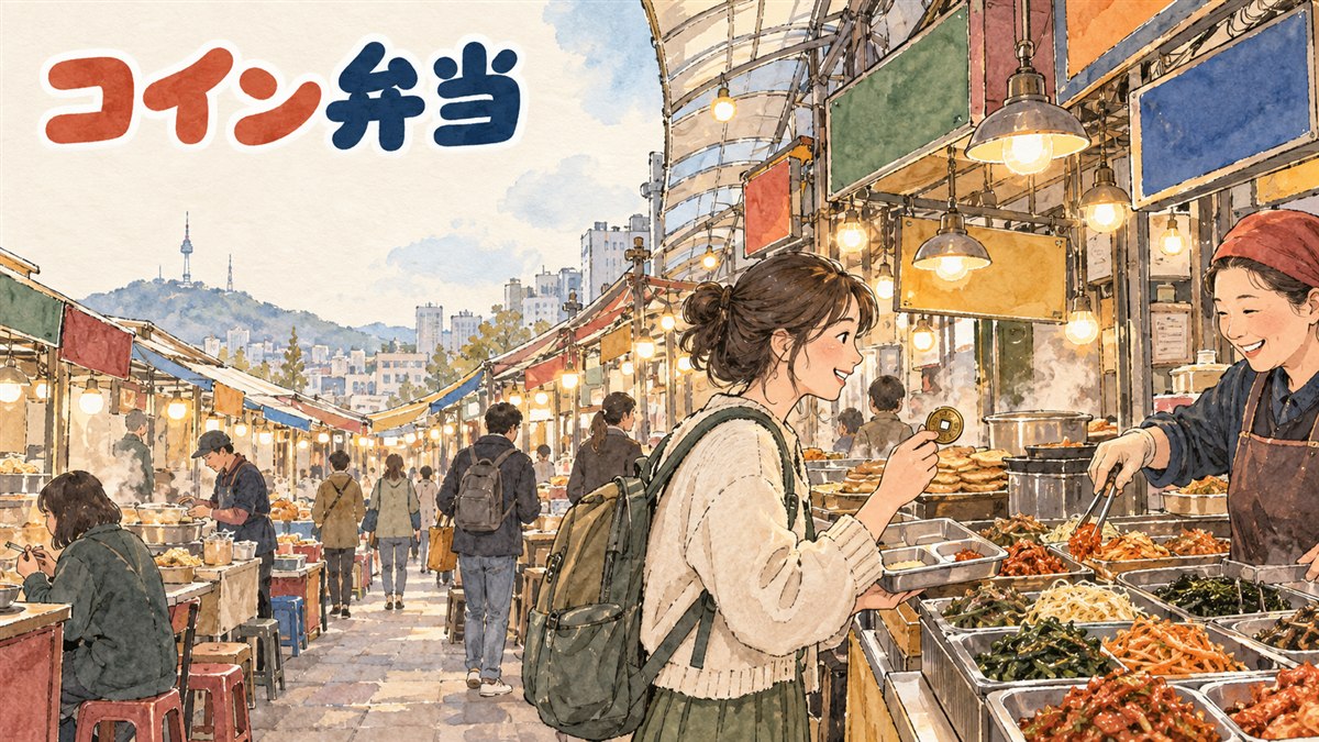 通仁市場の弁当カフェで、空の弁当箱とヨプチョン(엽전)コインを手に惣菜を選ぶ女性客の様子