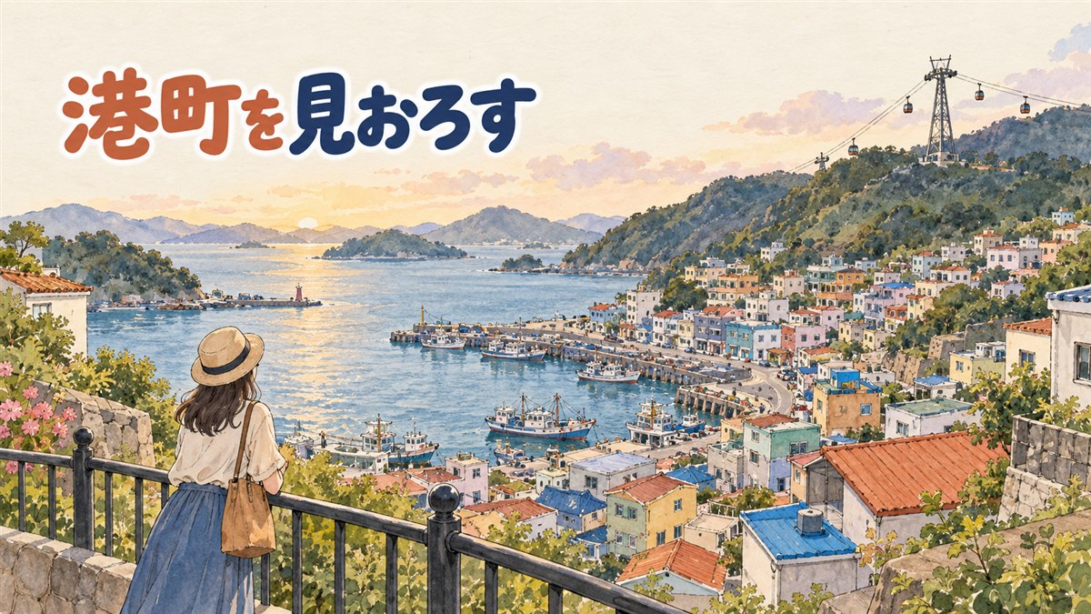 統営の東ピラン壁画村の坂道と港の風景
