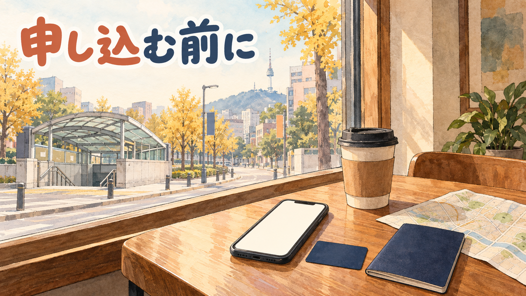 ソウルのカフェの窓辺に置かれたスマートフォンと無地のカード、パスポート型の手帳。韓国旅行のお金の準備をイメージしたイラスト