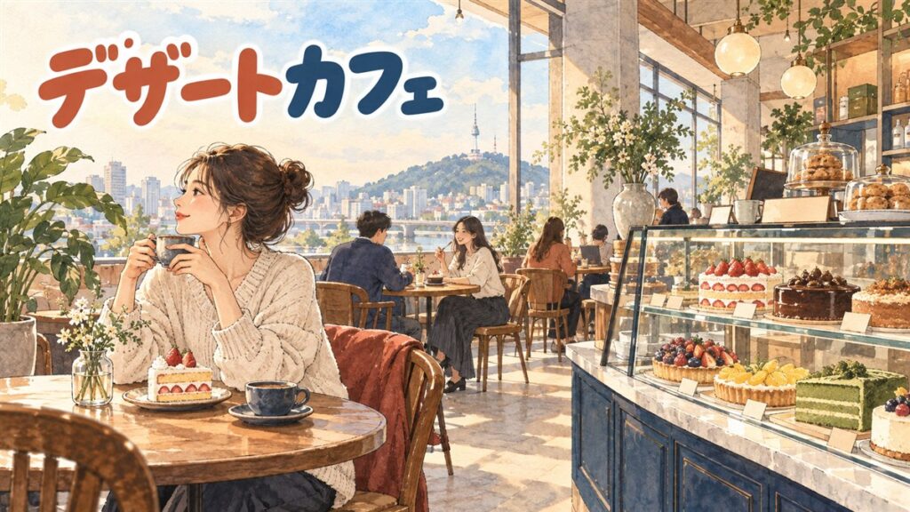 韓国のデザートカフェでショーケースのケーキを選ぶ様子