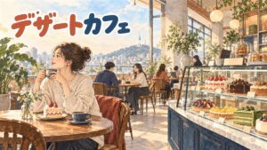 韓国のデザートカフェでショーケースのケーキを選ぶ様子