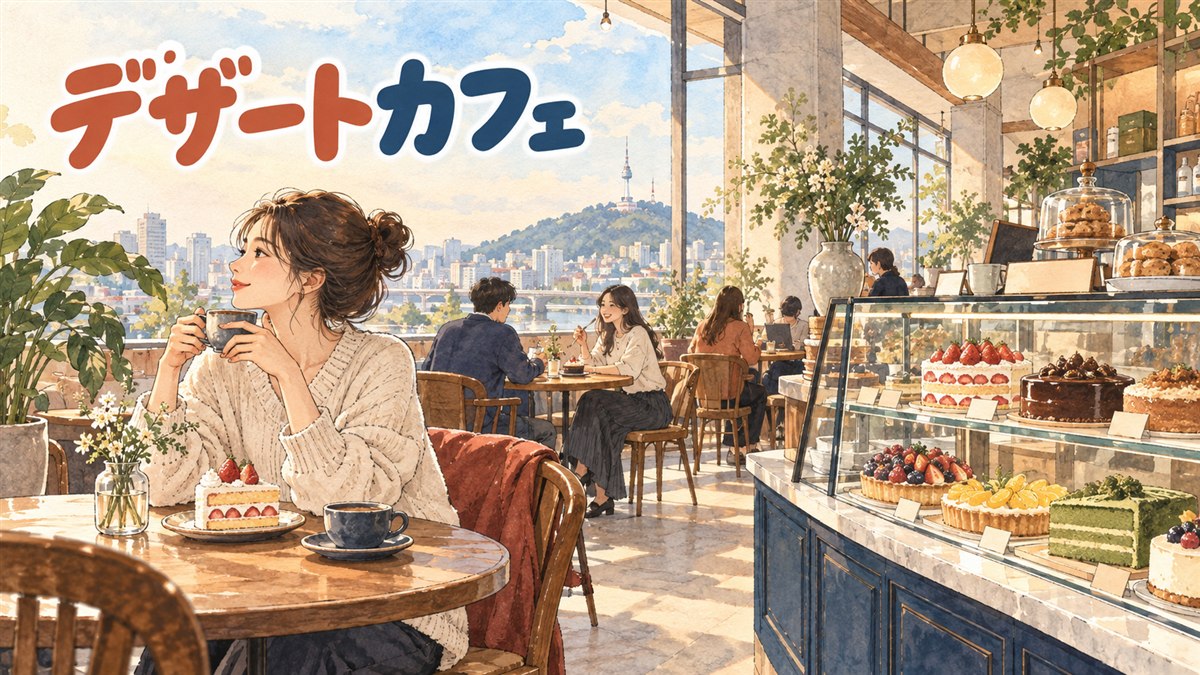 韓国のデザートカフェでショーケースのケーキを選ぶ様子