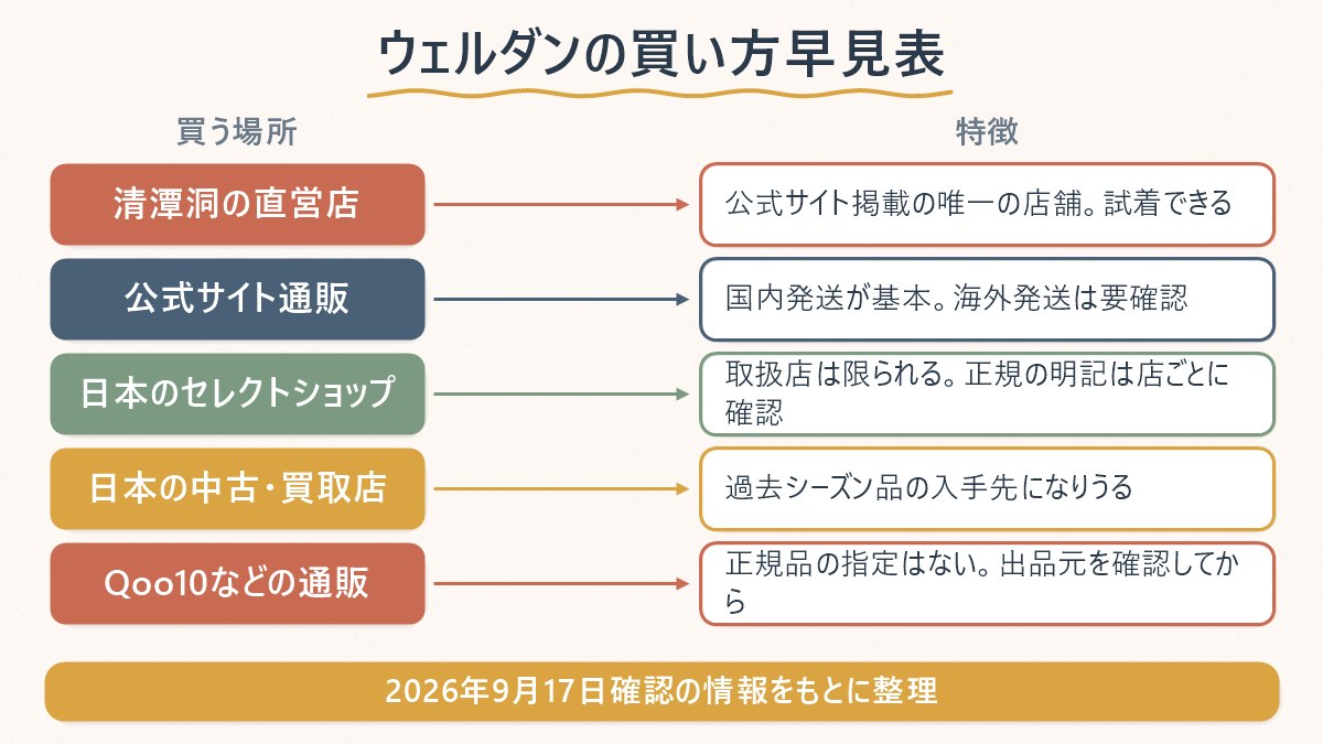 ウェルダンを買える場所と、それぞれの特徴を整理した図