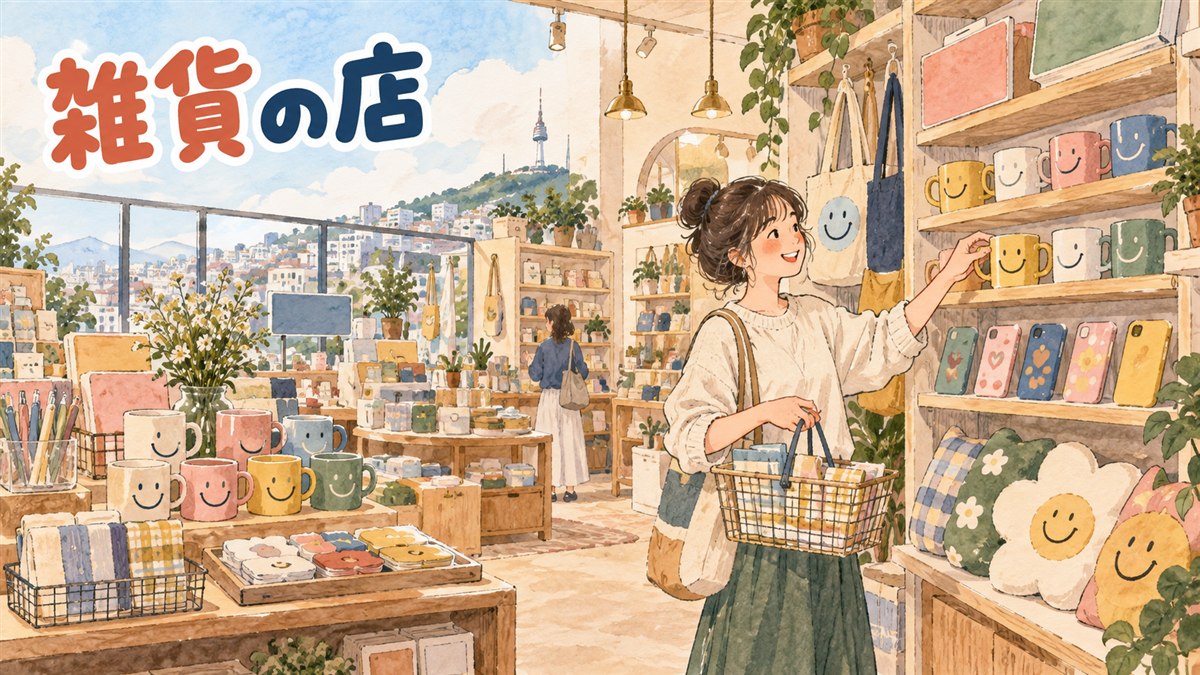 カラフルな雑貨が並ぶポップな内装の韓国のライフスタイルショップ店内