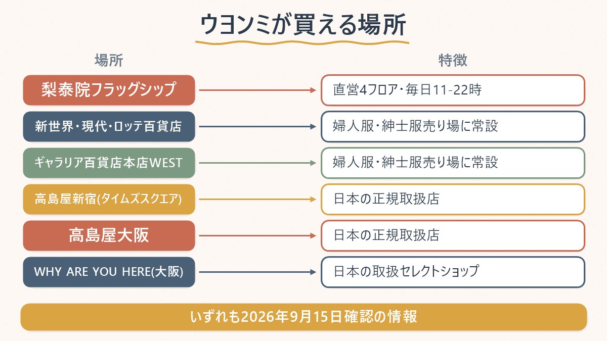 ウヨンミが韓国国内と日本のどの店舗で買えるかを整理した図