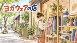 ゼクシィミックス自由が丘店のような商業施設内のヨガウェア専門店で服を選ぶ女性