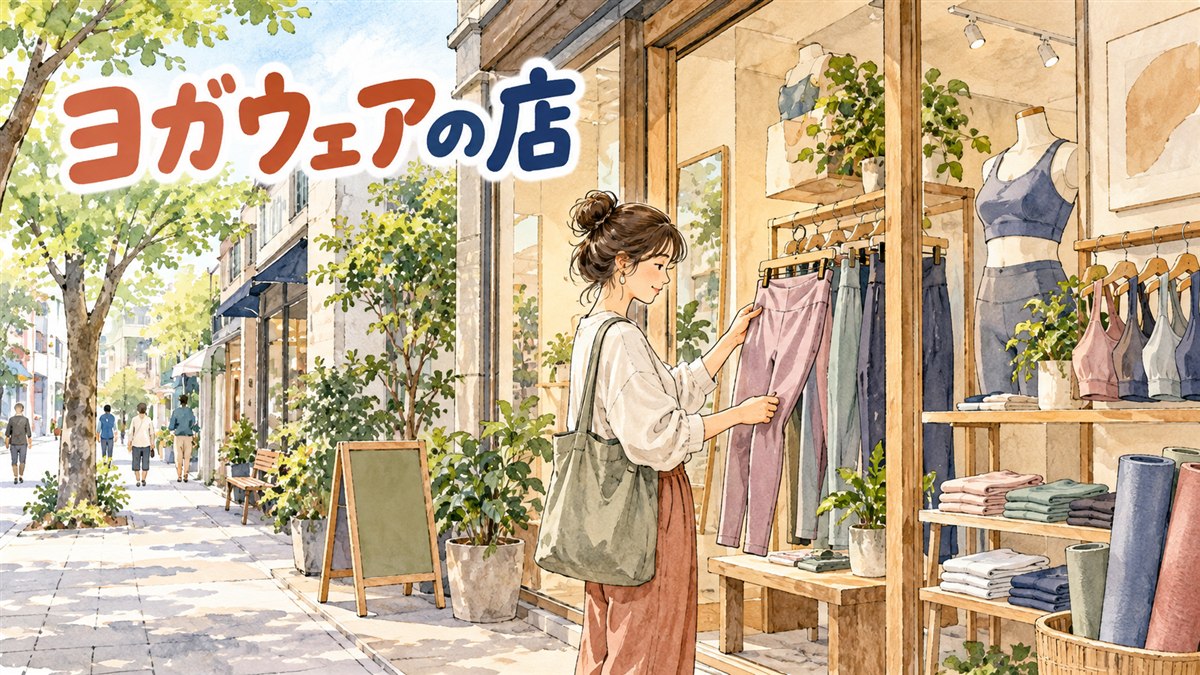 ゼクシィミックス自由が丘店のような商業施設内のヨガウェア専門店で服を選ぶ女性